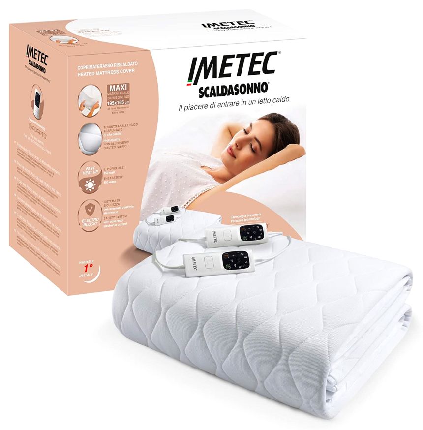 Scaldasonno matrimoniale IMETEC Adapto Maxi in robusto tessuto antiallergico di alta qualità, un eccezionale coprimaterasso con angoli, doppio telecomando, timer e funzione di riscaldamento automatico