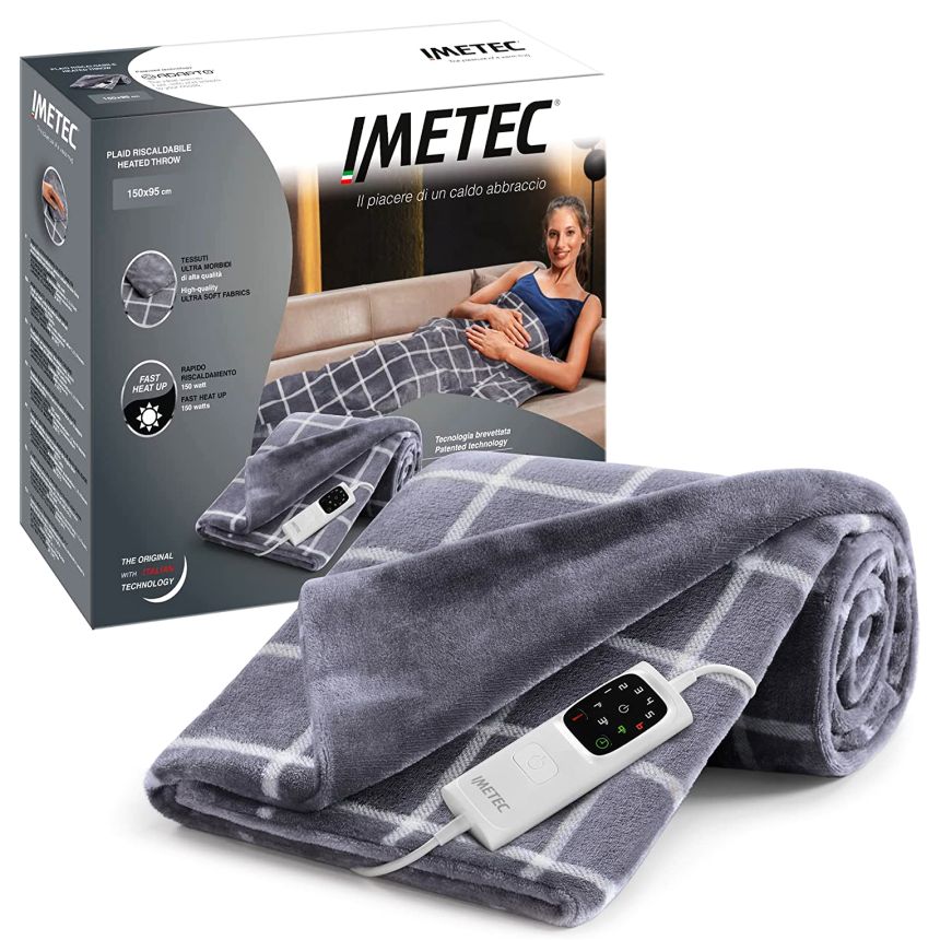 Plaid riscaldabile da divano o copriletto IMETEC Velvet Square 150 x 95 cm con tecnologia brevettata Adapto, in tessuto vellutato e setoso, lavabile in lavatrice