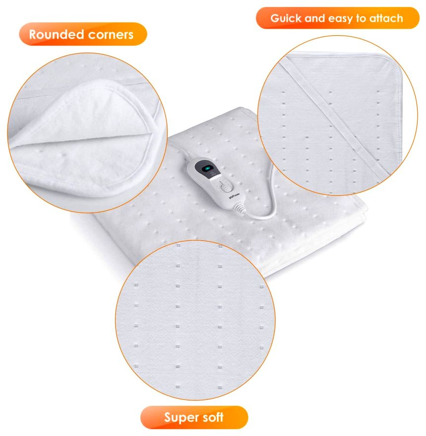 Lo scaldaletto elettrico MVPOWER per letti singoli ha un tessuto in morbido cotone bianco agugliato, lavabile in lavatrice, ed è provvisto di utilissimi elastici per agganciare gli angoli al vostro materasso