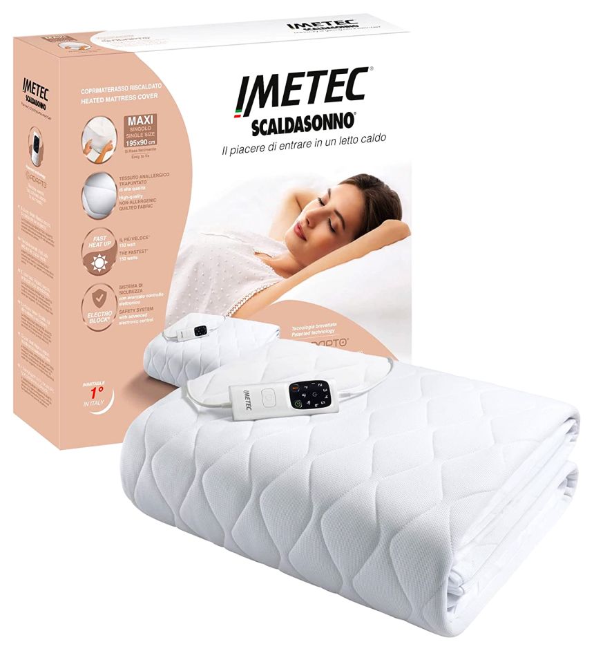 Scaldasonno Imetec Adapto Maxi, scaldaletto elettrico con angoli per letto singolo in tessuto anallergico trapuntato, 6 temperature regolabili e timer, 195 x 90 cm